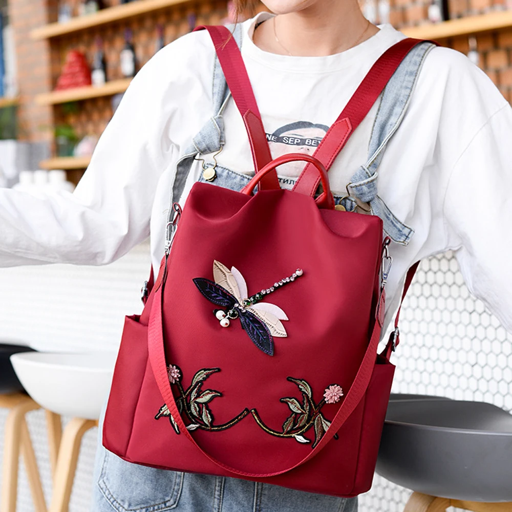 

2020 Fashion Nylon Women Backpack Zipper Oxford School Bags For Girls Dragonfly Flower 3D Embroidered Backpack Female Rucksack