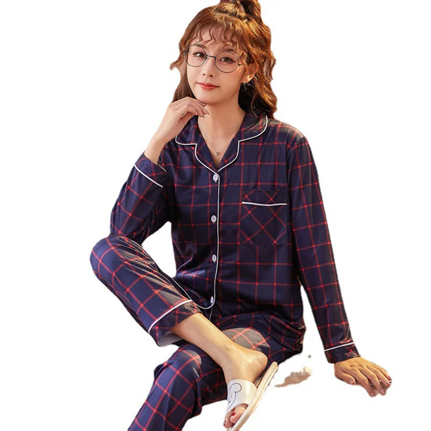 

Autumn Pajamas Suit Simple Plaid Cotton Women Colorful Sleepwear Home Cloth Plus Size Tops Pants Pyjamas Long Sleeve Loungewear