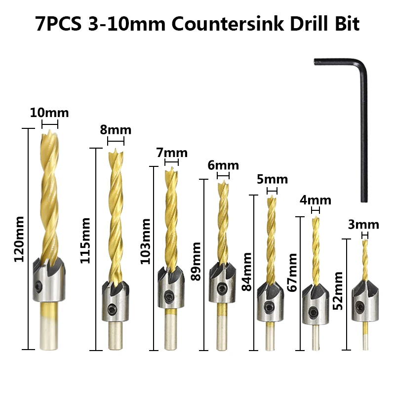 7pcs 3-10mm 4 шт./7 шт. HSS 3-10 мм Зенковка сверло набор титановое покрытие дерево сверло с шестигранным ключом фаска сверло - Цвет: 7pcs 3-10mm