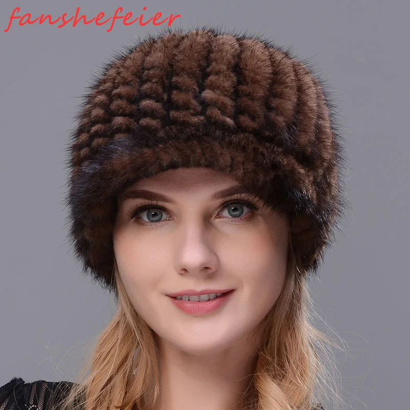 Зимняя вязаная Настоящая Натуральная норковая шапка для женщин Ermine хорошего