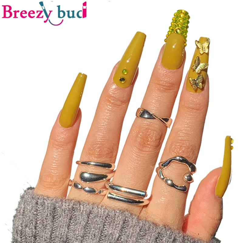 

French False Nail Butterfly Rhinestone Nail Tips With Glue Detachable Long Coffin Fake Nail Wearable Full Cover Nail Art Tool