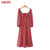 tangada 2021 fashion women red floral print retro dress puff long sleeve square collar ladies vintage dress 2m103