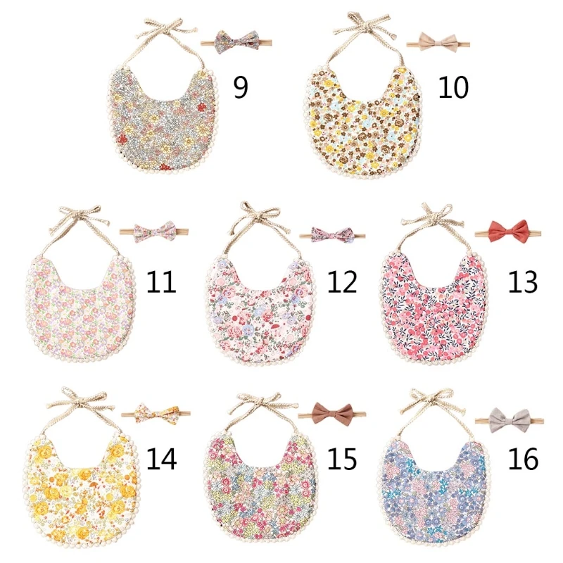

Baby Cotton Linen Printing Bowknot Headband Bibs Set Double Sided Feeding Saliva Towel Bandana Scarf Hair Band for Newborn