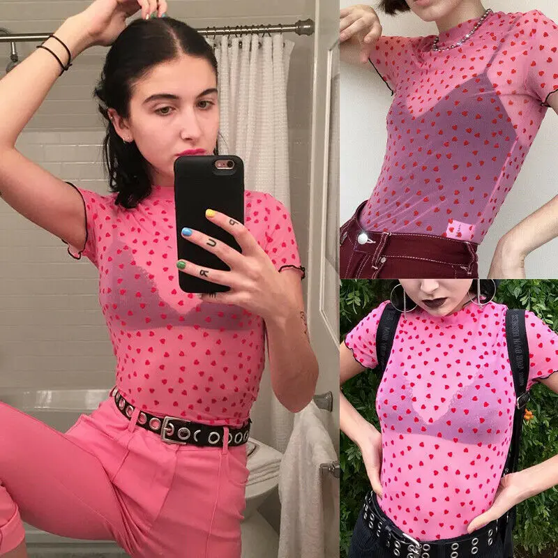 Сексуальный женский сетчатый короткий топ с коротким рукавом и высоким