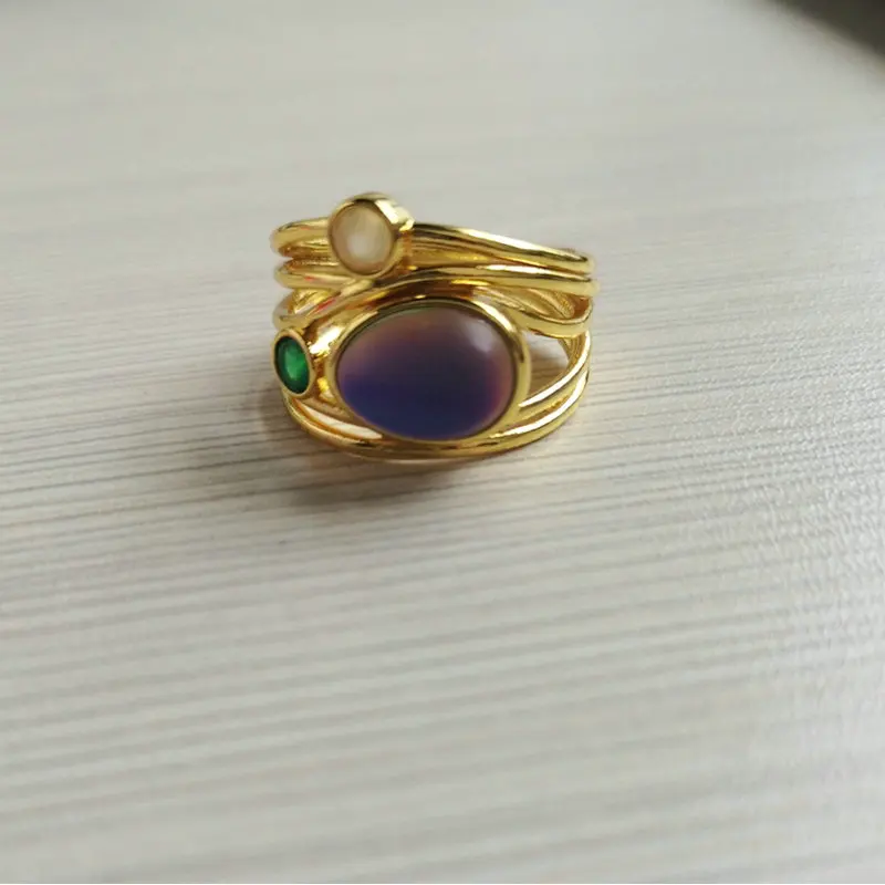 Women Unique 24K Gold Labradorite 3 Moonstones Aqua Blue Shell Ring Wedding Jewelry Gifts Size 6 7 8 9 10