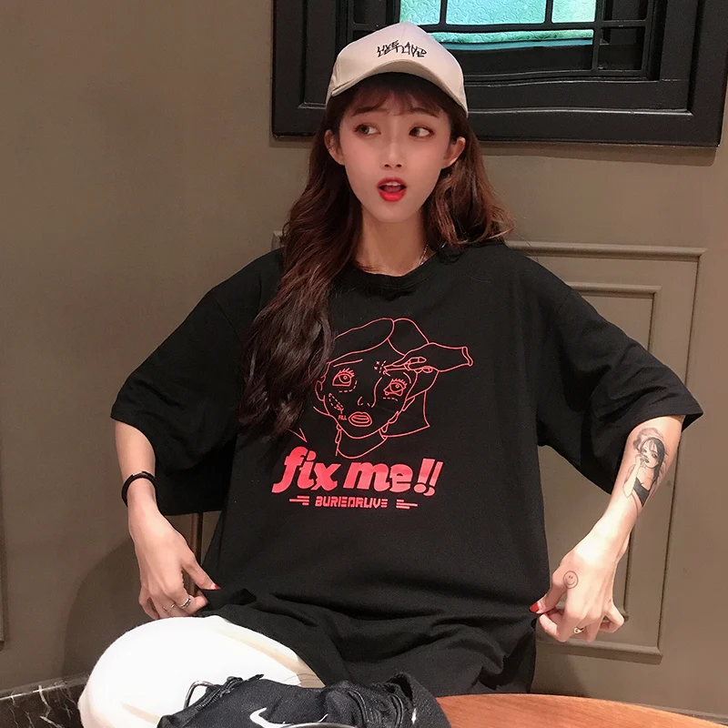 Xian 629 hei Лето, повседневные женские футболки Ulzzang, уличная одежда kawaii, мультяшный принт, футболка в Корейском стиле, Топы Harajuku, футболка с коротким рукавом - Цвет: Xian 629 hei