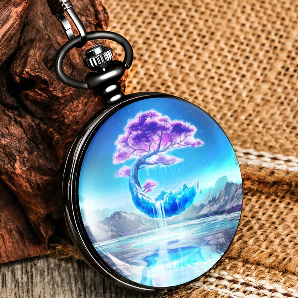 

Charm Dreaming Tree Printed Quartz Pocket Watch Antique Pendant Fob Watches Arabic Numerals Dial Pocket Clock Gifts Men Women