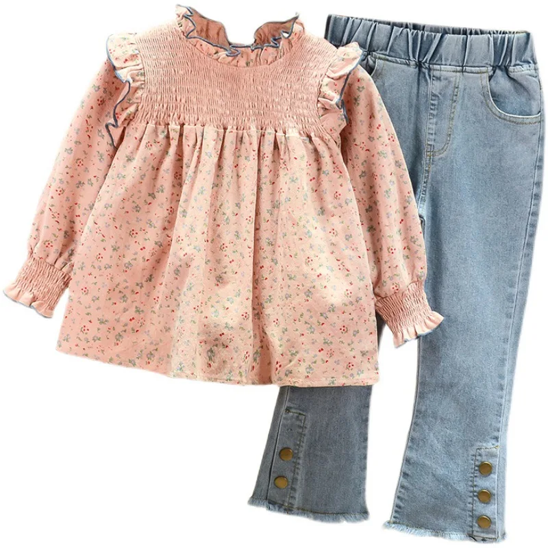 Children'S Clothing 2022 Spring Autumn New Floral Cute Baby Shirt +Denim Bell Bottom Jeans Pants Casual Sweet Girls Clothes Suit images - 6