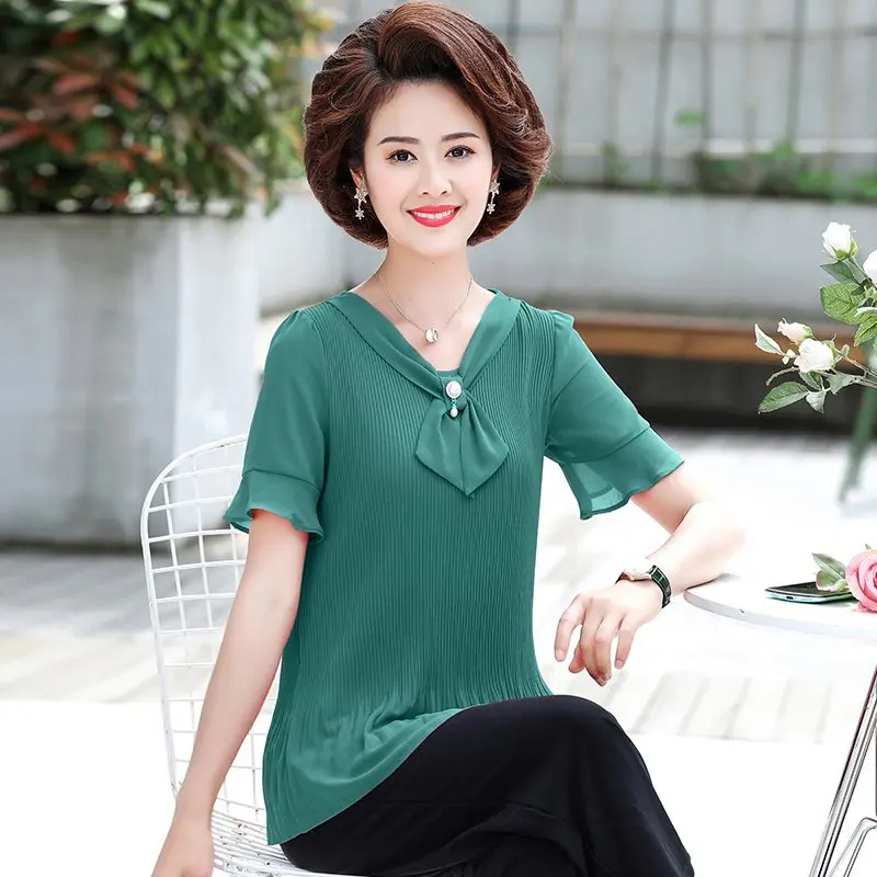 

Ruffles Solid Color Bow tie Short Sleeve Elegant Casual Tops New Summer Mother Clothing Female Short Sleeve Chiffon Shirt