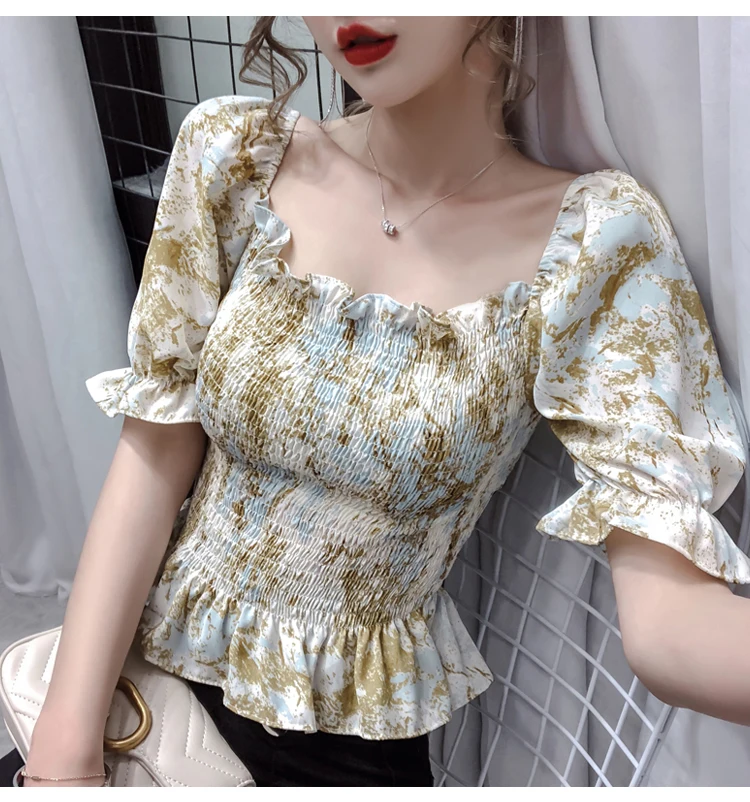 Женские блузки с цветочным принтом Винтажные эластичные Блузы оборками на спине