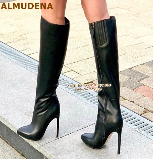 ALMUDENA сапоги до колена на тонком высоком каблуке высокие сапоги из матовой кожи черного, молочного и белого цвета облегающие женские осенне-зимние высокие сапоги, размер E46