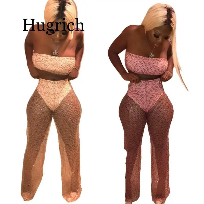 

Summer Fashion Sexy Club Style 2 Piece Outfits for Women Wave Point Sequins Perspective Sets Sleeveless Strapless Short Tops