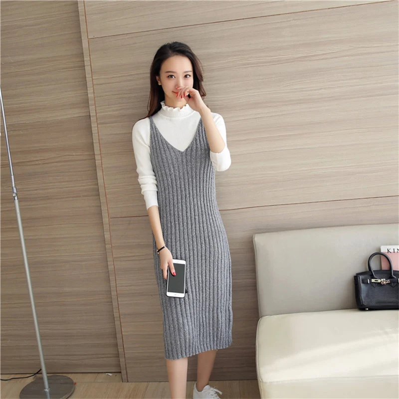 Женское трикотажное платье-жилет однотонное платье средней длины на бретельках