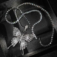 qtt dazzling big butterfly pendant necklace full rhinestone silver color choker chain necklace women jewelry