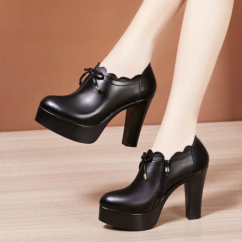 

2021 New Black Ankle Boots High Heels Platform Short Boots Ladies Shoes Ruffled Thick Heels For Formal Occasions