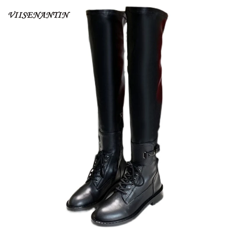 

Winter New Rivet Personality Handsome Knight Boots British Style High Tube Low Heel Cow Leather Round Toe Knee-length Boots