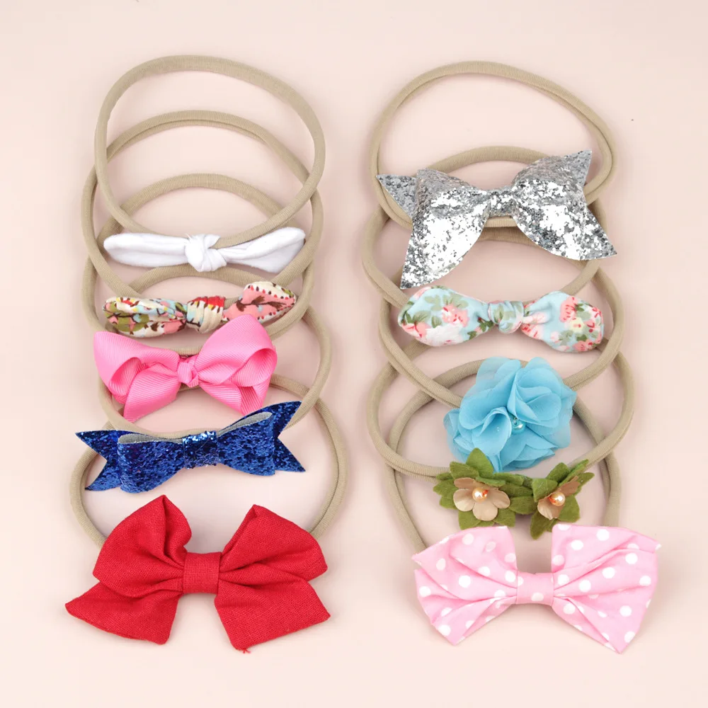 

10pcs Set Chiffon Flower Bows Baby Girls Nylon Headband FOR Party Birthday Headwear Hair Accessories Children Gifts