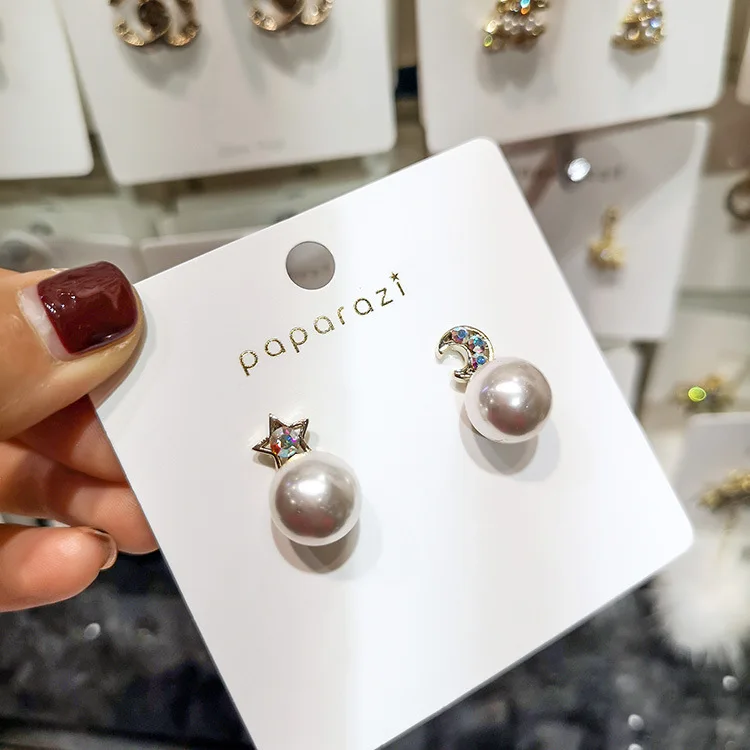 

Earrings Female Korea Dongdaemun Simple Temperament Joker Personality Stars And Moon Asymmetric Pearl Earrings
