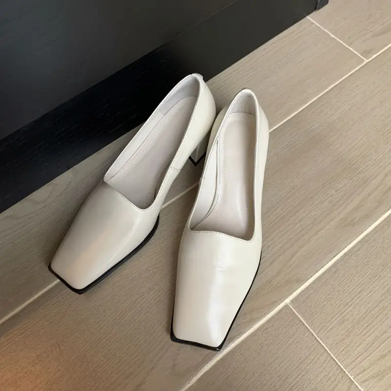 

ALLBITEFO heel height 4.5cm square toe genuine leather women heels shoes fashion leisure high heels high heel shoes basic shoes