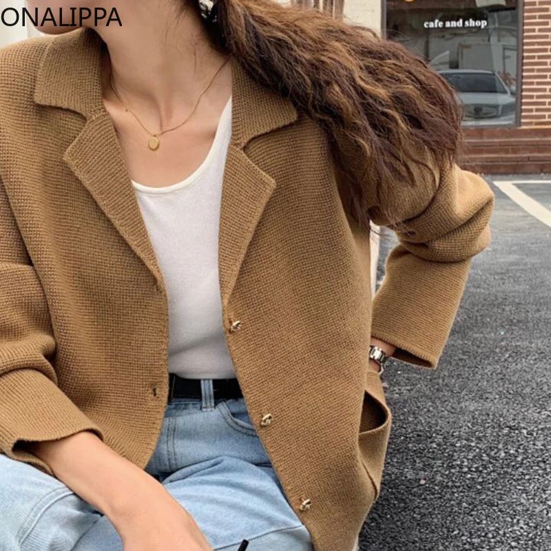 

Onalippa Women Jacket 2021 Autumn Winter Elegant Temperament Lapel Metal Single-Breasted Long-Sleeved Knitted Cardigan Sweater