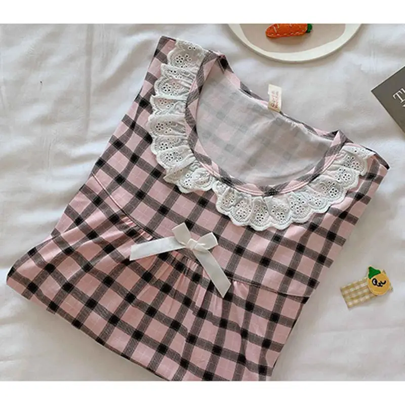 Летние Ночные сорочки женское милое квадратное ночное белье в клетку кружевное