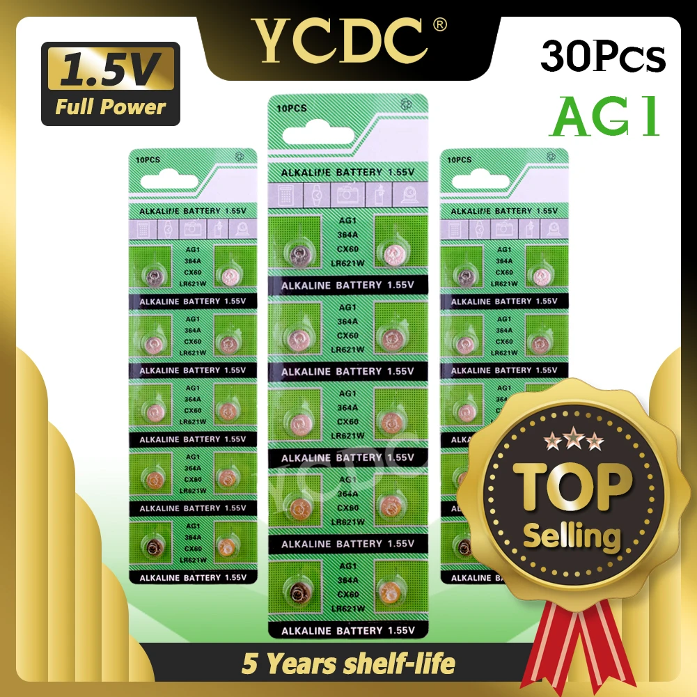 YCDC 30 шт. AG1 364 SR621 SR60 SR60L Щелочная монетная ячейка Sr621sw TR621SW V364 кнопочные батареи для