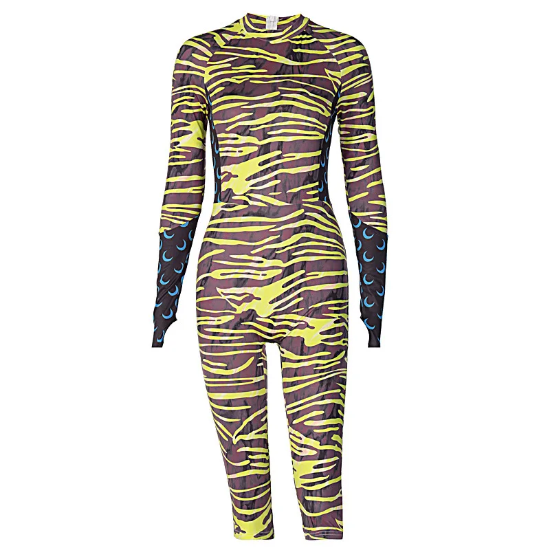 

2020 Y2K Print Patchwork Long Sleeve Bodycon Playsuit Autumn Winter Women Fashion Streetwear Outfits Romper Body