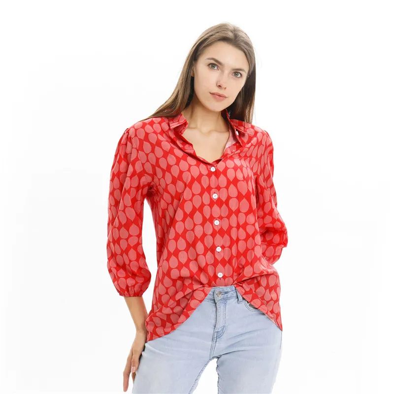 

Fashion Autumn Casual Shirt Women Printing Blouse Lantern Sleeve Perspective Sexy Shirt Polka Blouse Female Loose V-neck Tops