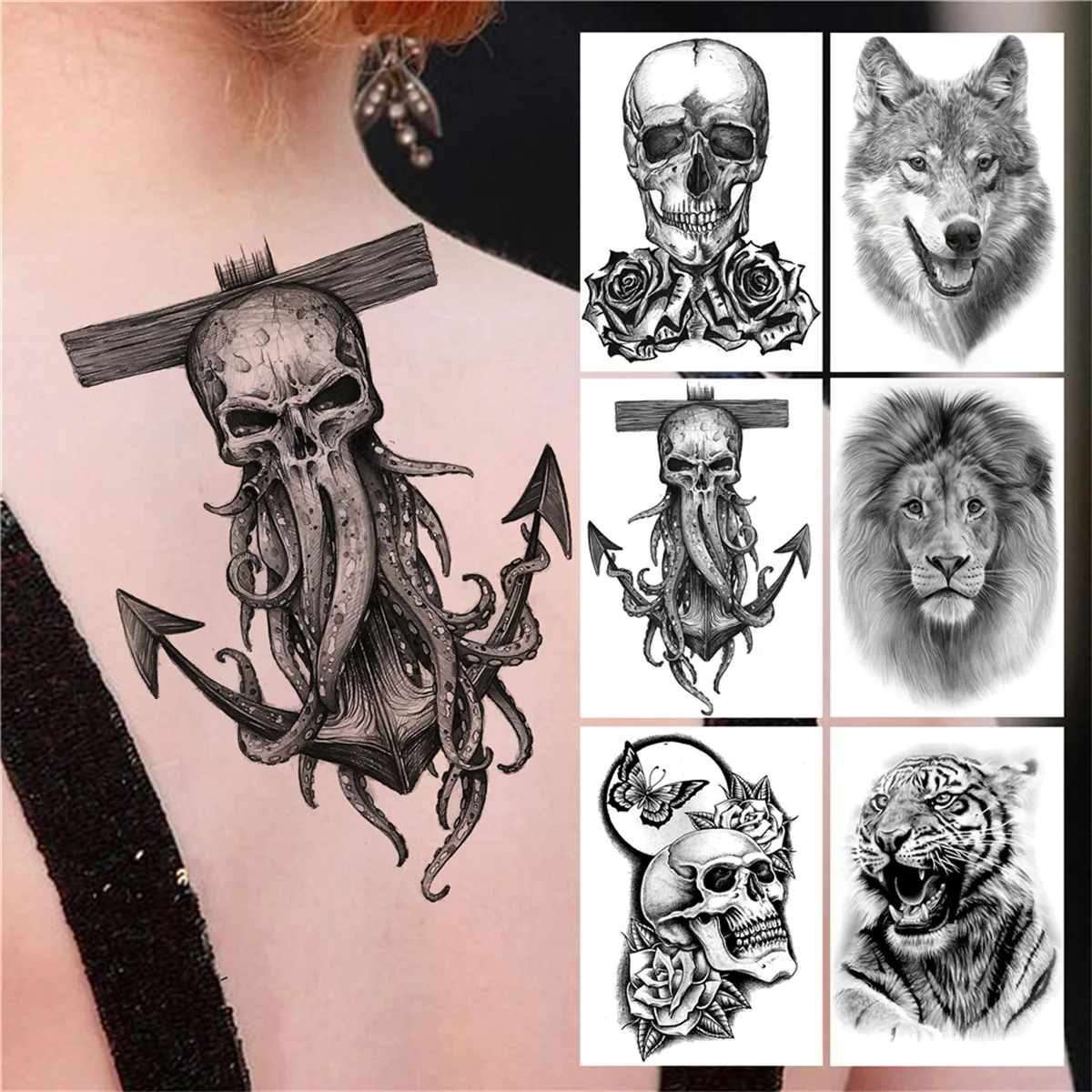 

Временные татуировки в виде осьминога, якоря, черепа для женщин и мужчин, тату-наклейка в виде пиратского черного скелета для взрослых, иску...