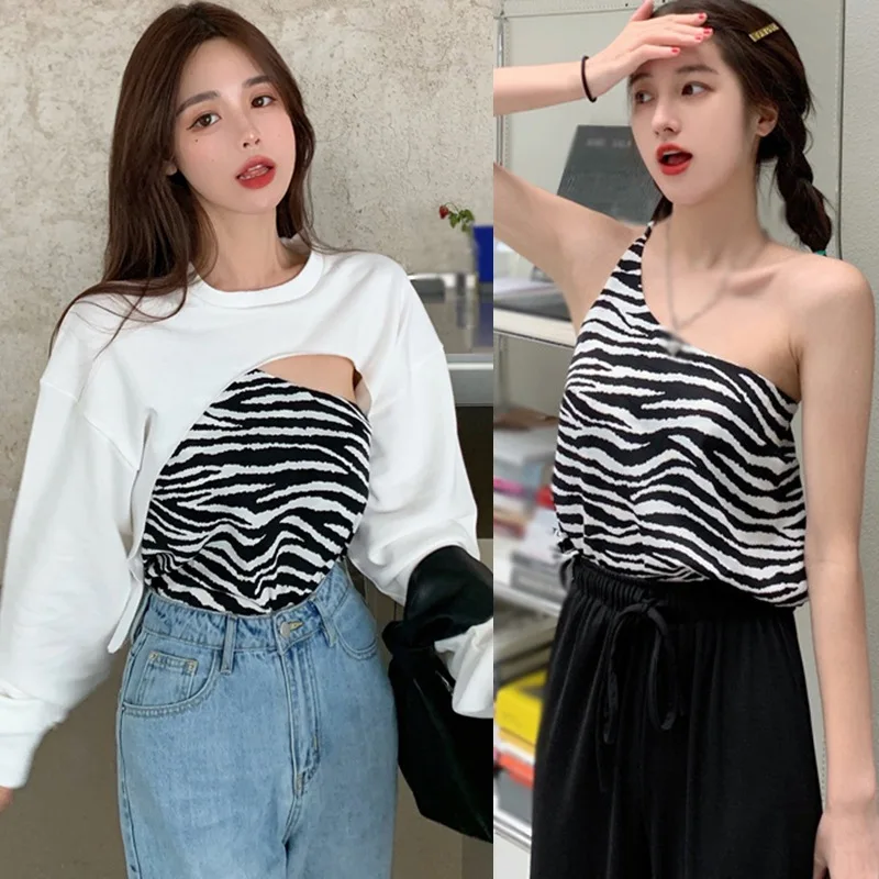 

Fashion Chic Design Sense Layered Wear Two-piece Suit Autumn Long-Sleeved Coat and One-Shoulder Zebra Pattern Halter Tank Top