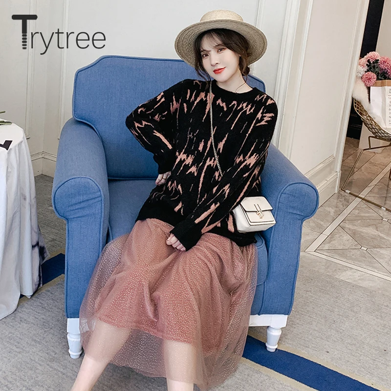 Trytree/ осенне-зимние женские комплекты из двух предметов повседневный черный свитер с круглым вырезом+ юбка фиолетовый эластичный пояс, вуаль Кол-во изделий, 2 комплекта