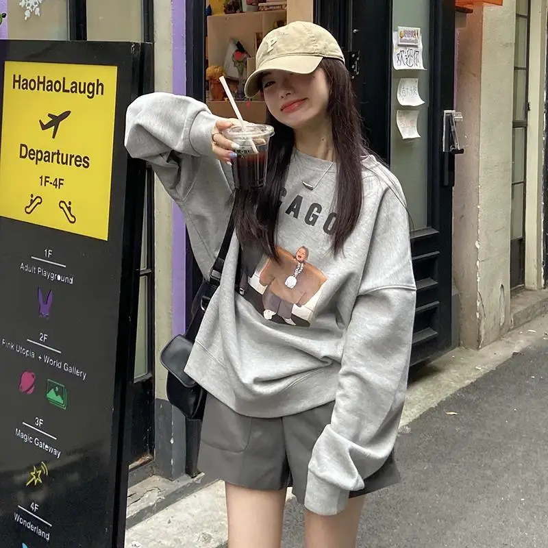 Осенне-зимние серые свитшоты женские повседневные свободные оверсайз с рисунком