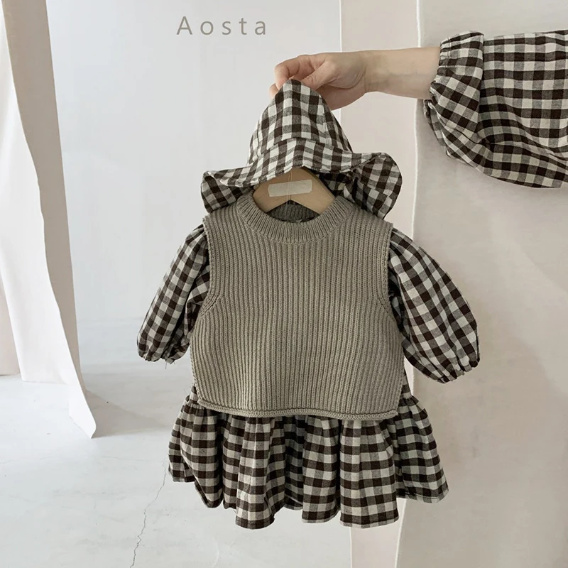

2021 Hit Girls Plaid Dress Kids Organic Cotton Linen Frock Korean Fashion Toddler Girl Princess Dresses Children Clothes Outfits