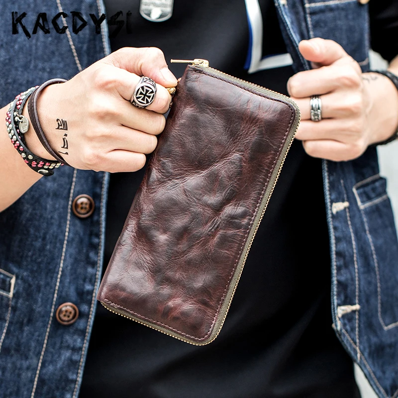 High Quality Vintage Real Cowhide Men Wallet Cash Purse Zipper Modern Stylish Male Long Day Clutches Wristlets Wallet Card Case