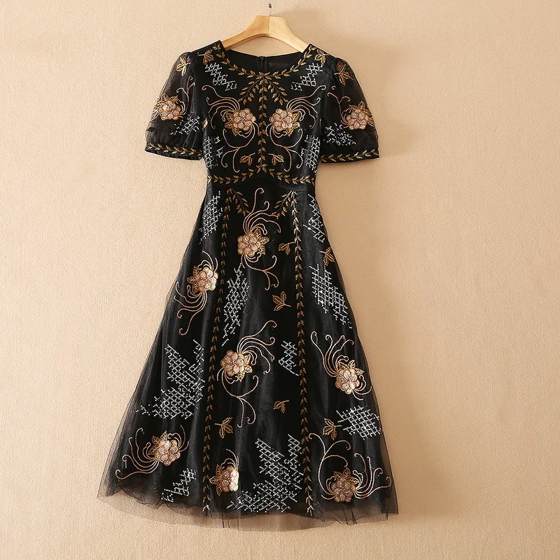 

Women luxury heavy floral embroidery party dress spring summer 2021 designer runway short sleeve sequined dresses black vestidos
