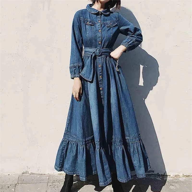 

Женское джинсовое платье с поясом, винтажное однобортное длинное платье с оборками, модное мешковатое платье из денима в Корейском стиле, в...