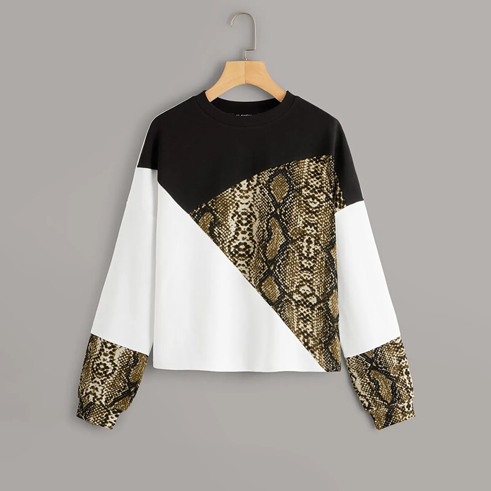 

Женские футболки со змеиным принтом, повседневные Лоскутные футболки с круглым вырезом и длинным рукавом, женская одежда, 2021