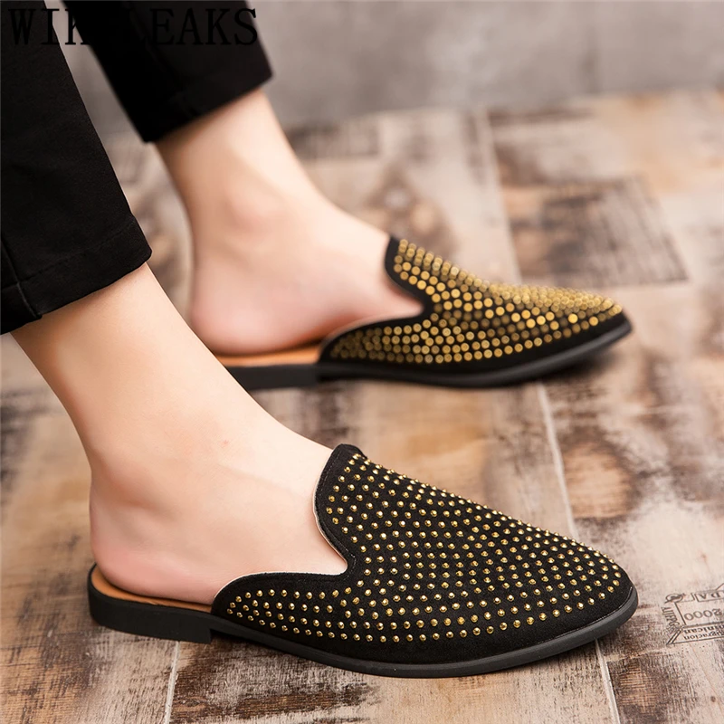 Mules Suede Shoes Men Black Half For Rhinestone Mens Casual Hot Sale Sepatu Slip On Pria Heren Schoenen | Обувь