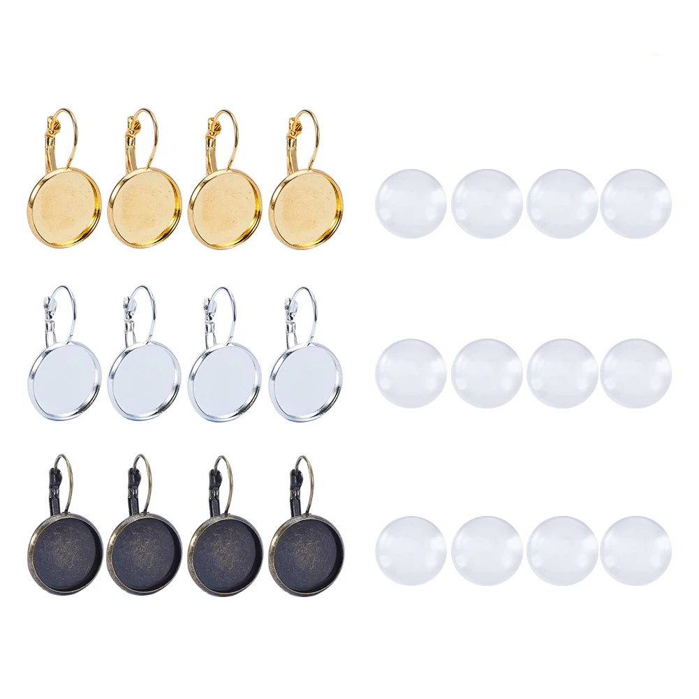 

10sets Clear Domed Glass Cabochon Cover and Brass Lever Back Earring Settings For DIY Cadmium Free & Lead Free 4 Color PANDAHALL