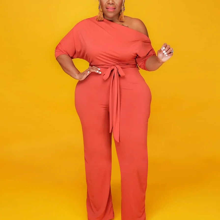 Plus Size Blue Jumpsuits and Rompers For Women 4xl 5xl High Waist Half Sleeve Skew Collar Solid Femme Jumpsuits Big Size 2020