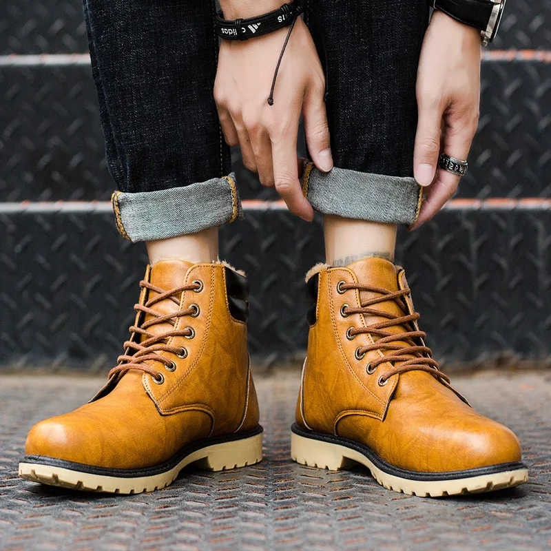 Качественные мужские зимние кожаные ботинки из искусственной кожи модные