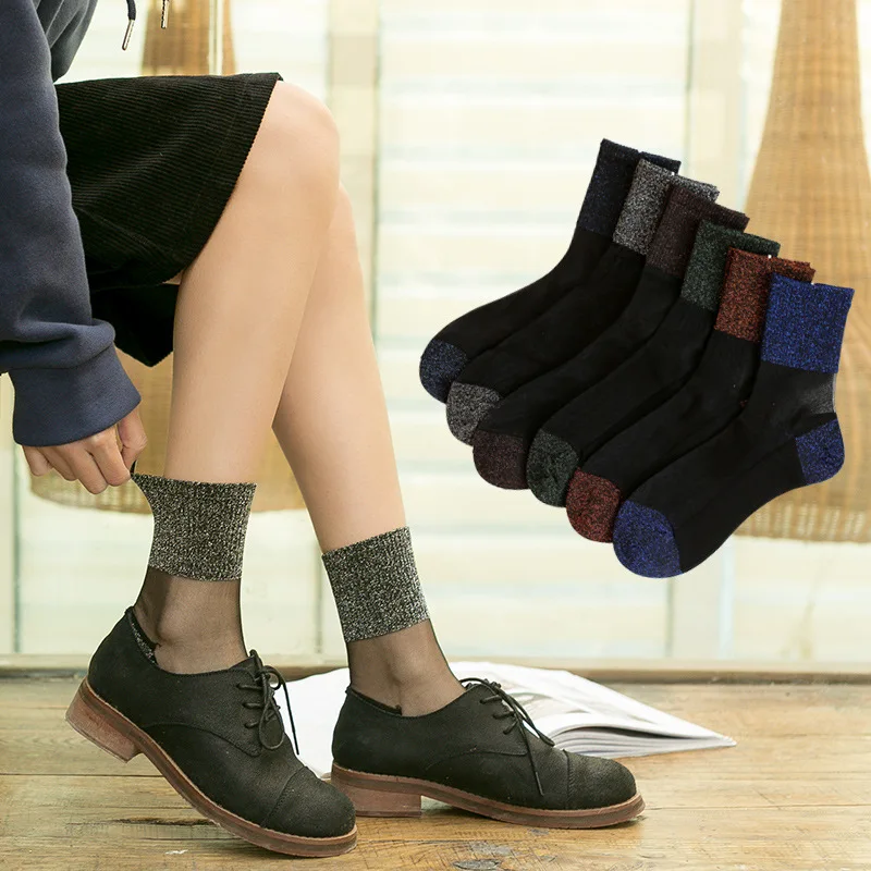 

Summer Fashion Women Ultrathin Transparent Socks Glitter Crystal Glass Silk Socks Beautiful Lace Shiny Elastic Short Socks Meias