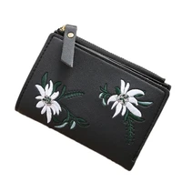 20pcs lot new flower embroidery short wallet for women girls pu leather female purse zipper money bag
