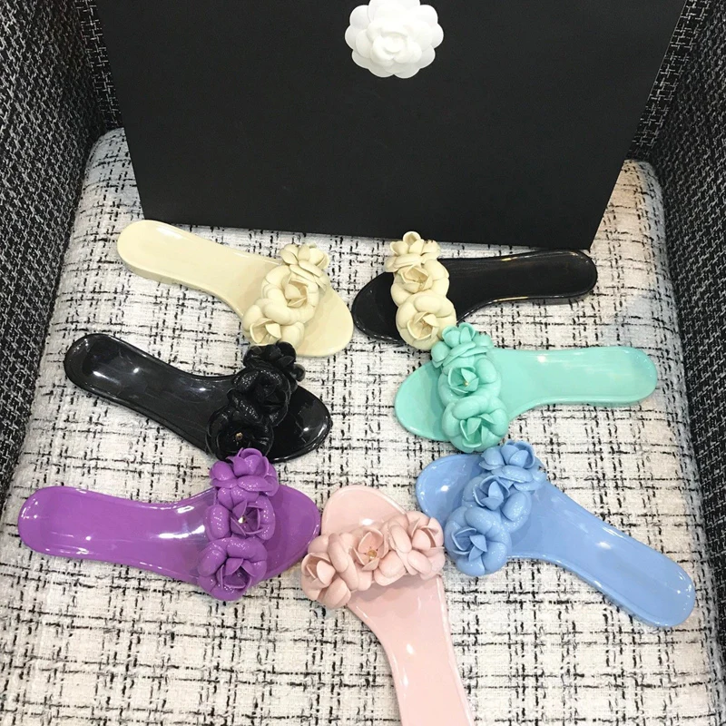 

Prowow Candy Color Summer Fashion Flower Flip Flops Slip on PVC Soft Leather Outdoor Slides Flat Heel Beach Sandals Slipper