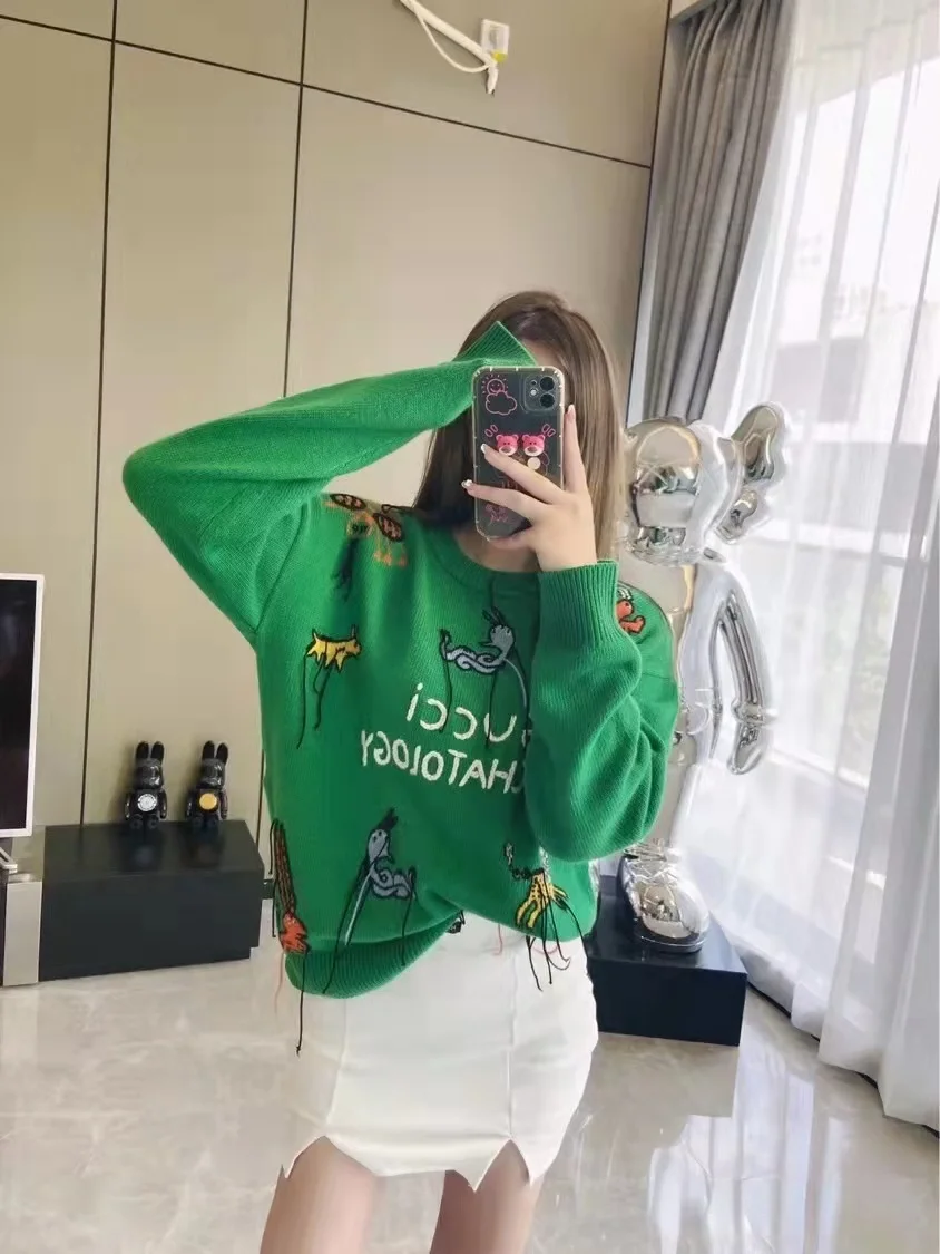 

2021 Fall & Winter Ladies Green Sweatshirt Luxury Brand Embroidered Pullover Ladies Fashion Long Sleeve Knit Top XS-XL