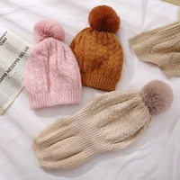 cntang hat for women winter knitted wool beanies warm faux rabbit fur pompom cap fashion casual ladies weave double layer hats