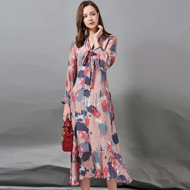 

Women Long Silk Dress 100% Silk Georgette Sashes Print Dress 2021 Summer Dress