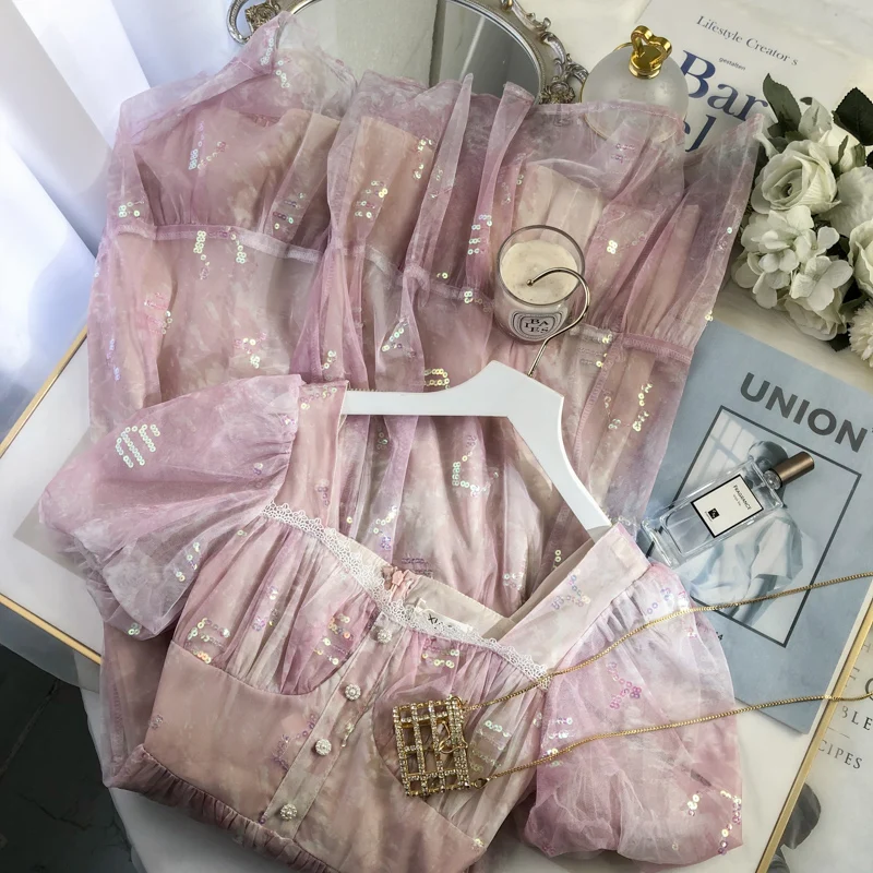 

French Romantic Square Collar Puff Sleeve Oil Painting Dress 2021 Summer Fashion Sequins Dress High Waist Slim Elegant Dresses