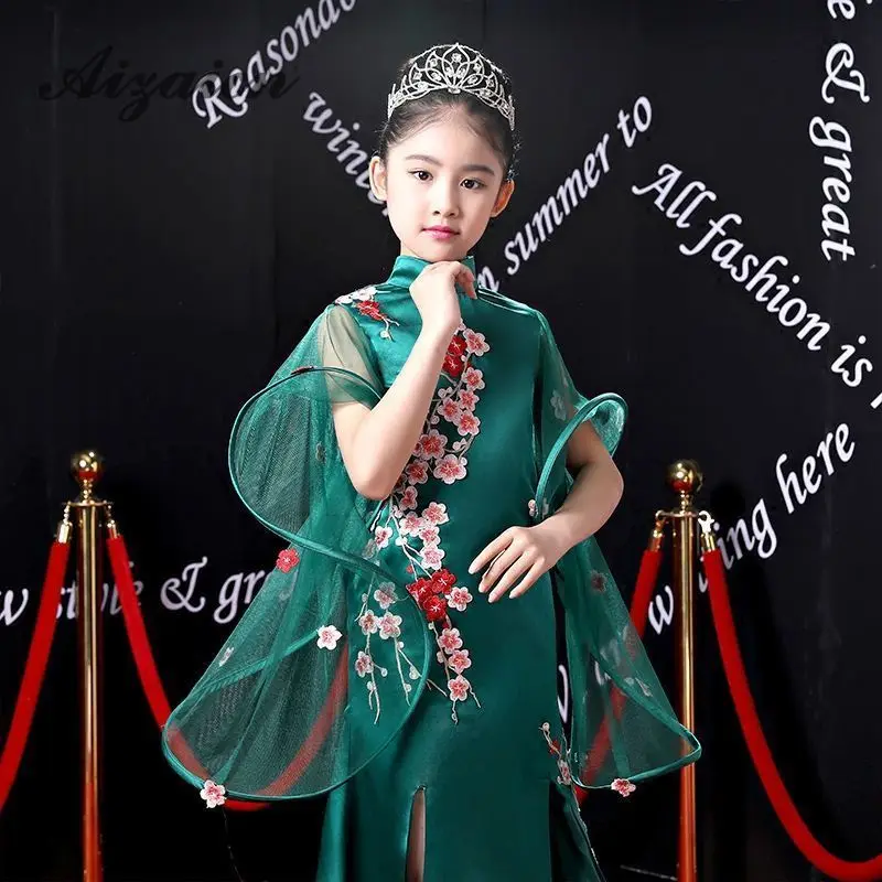 Cheongsam/зеленое вечернее платье русалки для девочек с шалью Qipao свадебное подиум