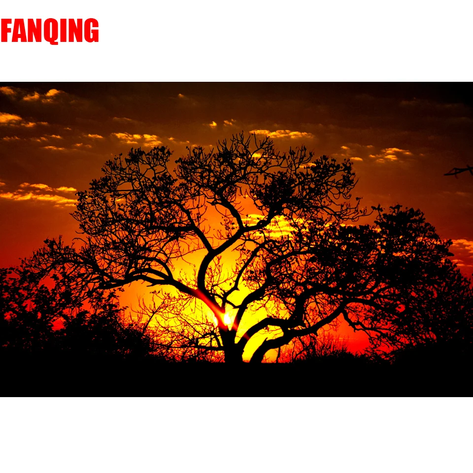 

5D полноразмерная Алмазная картина «сделай сам», пейзаж, закат, большое дерево, Набор для вышивки крестиком, мозаичная картина стразы, украше...